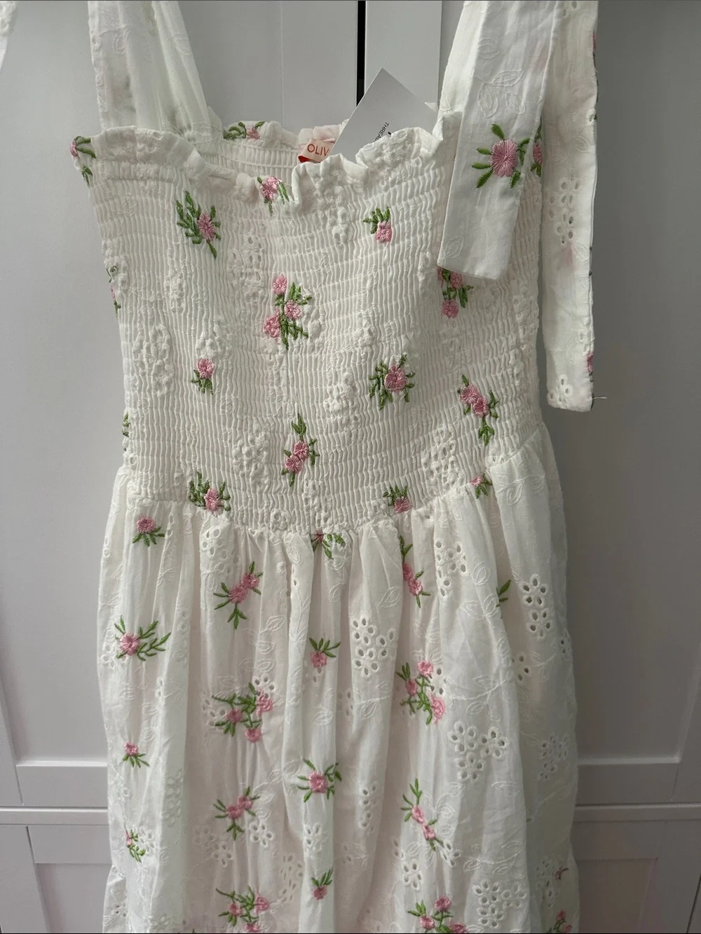 White & Pink Floral Eyelet Tie-Shoulder Maxi Dress - Picture 3 of 3